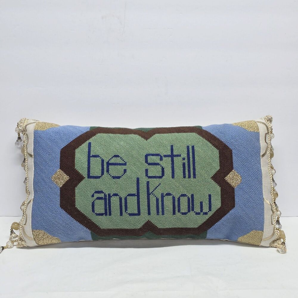 'Be Still And Know' Needlepoint Throw Pillow Beads Embellished Boho Cottagecore